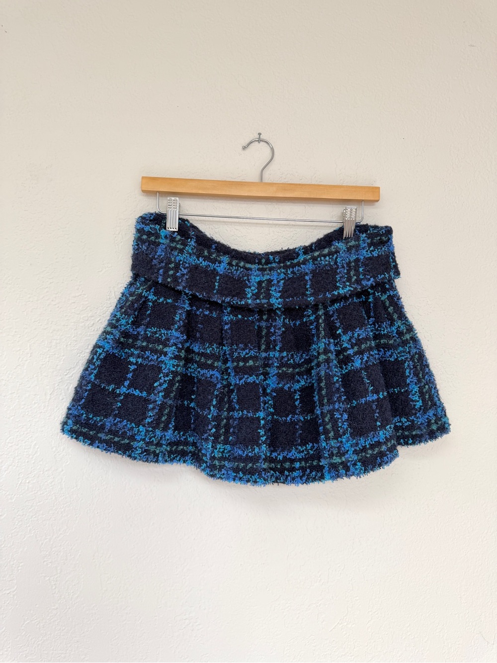 GUIZIO blue tweed fuzzy pleated micro mini skirt